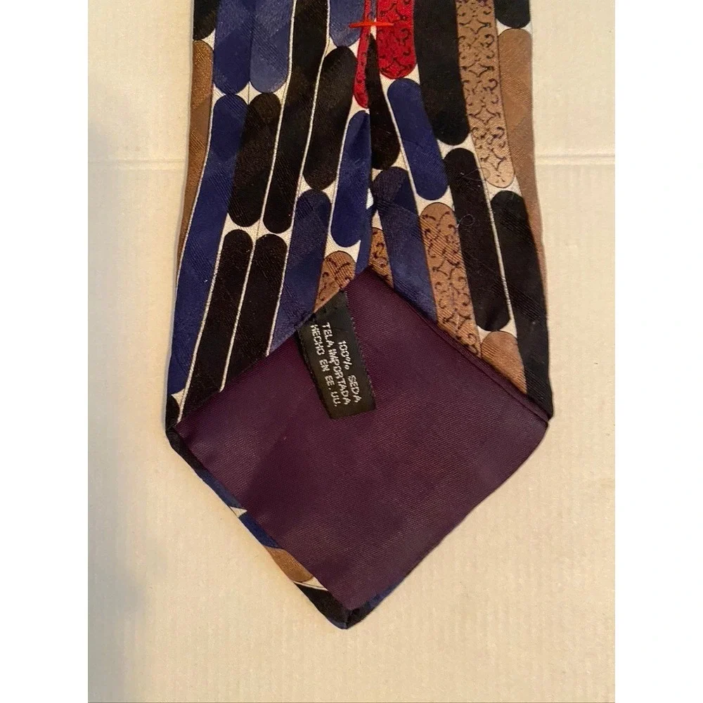 Conte di Milano Mens Silk Tie Geometric Navy Blue Black Tan Red Made in USA